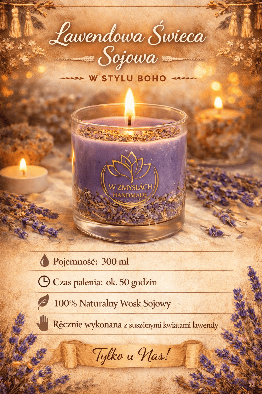 "Lavender Whisper" 300ml. - Świeca sojowa o zapachu lawendy (czas palenia ok. 45h.) - W Zmysłach