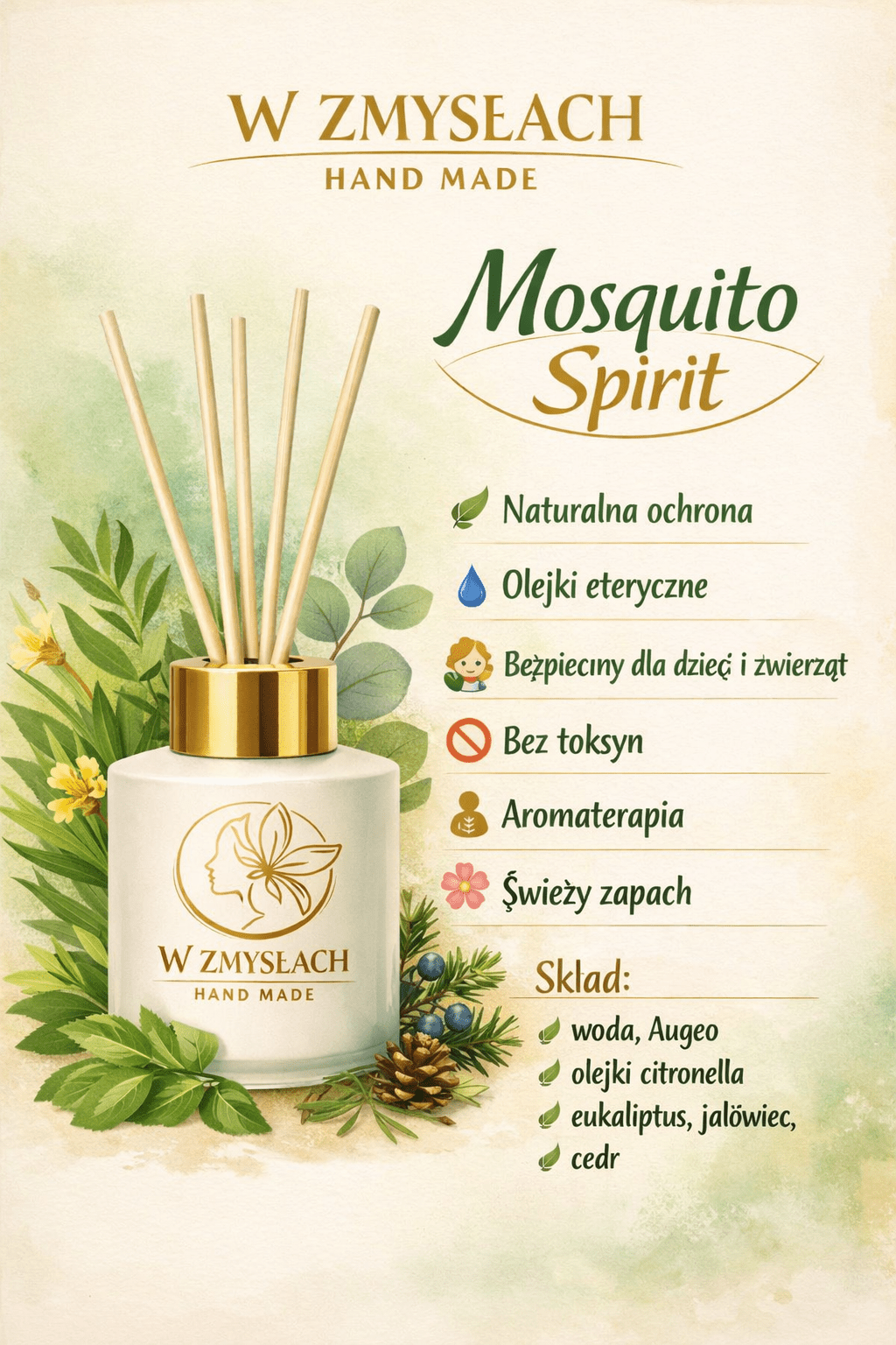 Mosquito Spirit 100 ml - dyfuzor patyczkowy przeciwko komarom, naturalny - W Zmysłach