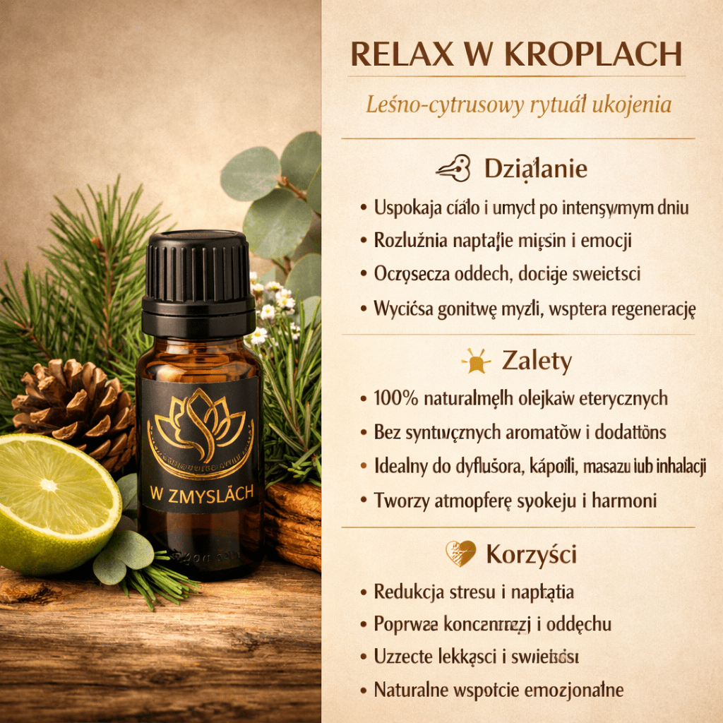 "Relaks w kroplach" 10ml - Leśno cytrusowy olejek eteryczny ukojenia emocji - W Zmysłach