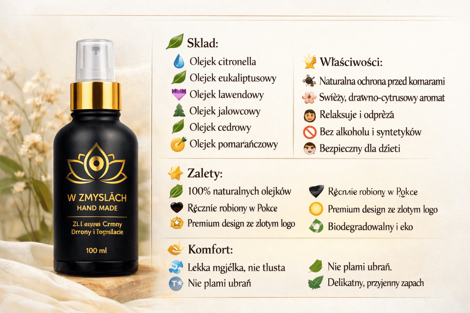 Spray na komary 100 ml - ekologiczny, tylko z naturalnych olejków eterycznych - W Zmysłach